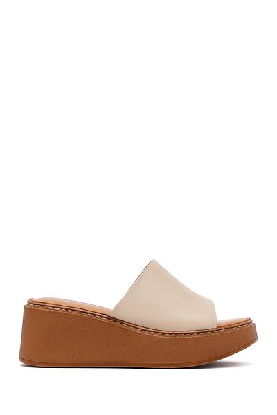 Derimod Women's Beige Thick Soled Leather Comfort Slippers 25Sfd341418