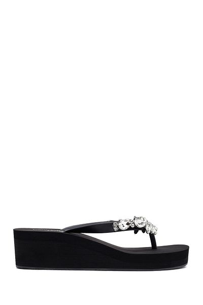 Derimod Women's Black Flip Flops Stone Wedge Heel Jelly Slippers 25Sfe4921Pv