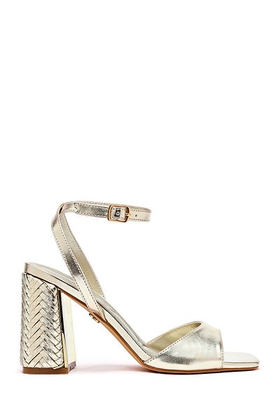 Derimod Women's Gold Ankle Buckle High Thick Heeled Metallic Sandals 25Sfe493332