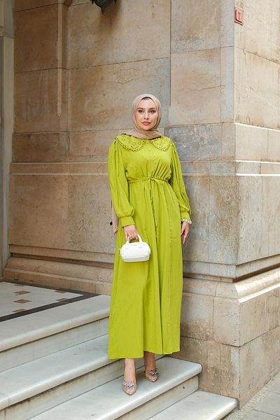 LOCCO Πράσινο Κρεμ Πράσινο Φόρεμα - Danı te Neck Hijab