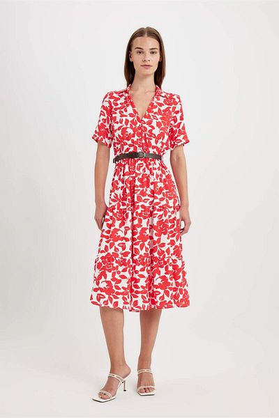 DeFacto Print Shirt Collar Midi Dress - Short Sleeve D4591AX24SM