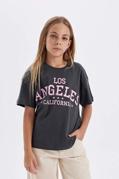 DeFacto Dívčí tričko Relax Fit s potiskem na krku D6237A824Sm