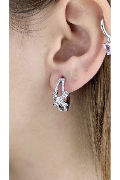 Neon Takı by Atalay Sensitive Tag and Zircon Stone, Cross Model Steel Earrings 626, Silver Color