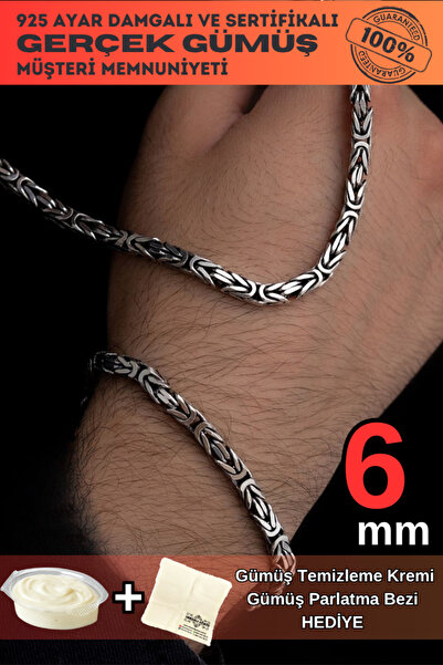 OSMANLI GÜMÜŞ Erkek Gümüş Kolye Bileklik Set - 6mm 925 Ayar Gümüş Kare Kral M...
