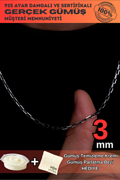 OSMANLI GÜMÜŞ Erkek Gümüş Kolye - 3mm 925 Ayar Oksitli Forse Zincir Gümüş Kolye