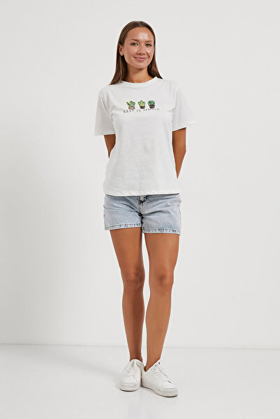 Arma Life Women's Cactus Printed Short Sleeve Summer White T-Shirt