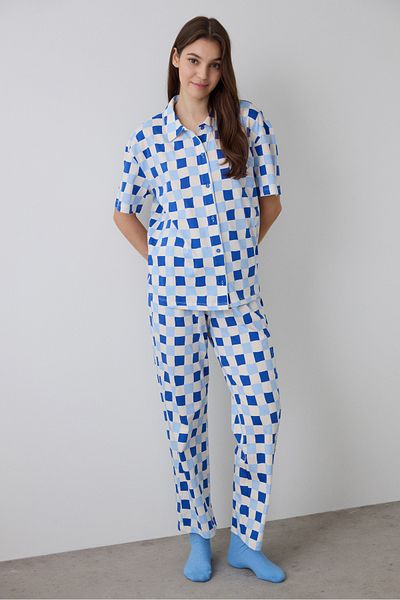 Penti Set de pijamale cu mâneci scurte cu rever de cămașă Rhea Gingham în carouri
