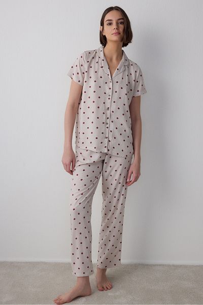 Penti Beige Freya Floral Pattern Shirt Collar Short Sleeve Pajamas Set