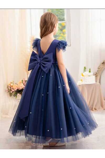 NSMLİFE Büzgülü/Fırfır Kollu Lacivert Uzun İncili Kız Çocuk Prenses Elbise Mezuniyet Doğum Günü Elbise