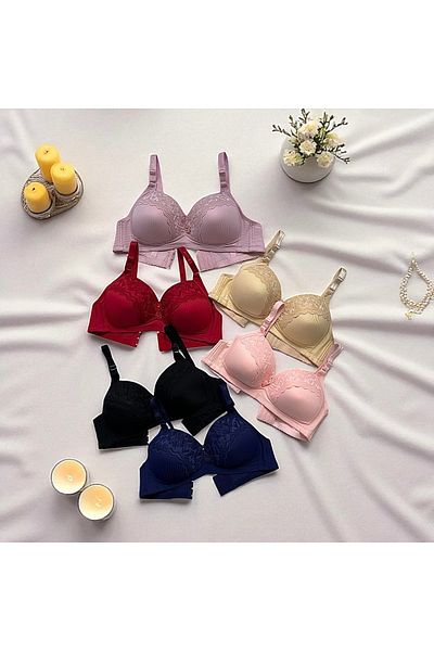 Divvinhomewear Women's Front Lace Detailed Wire Free No Padding Bra Purple