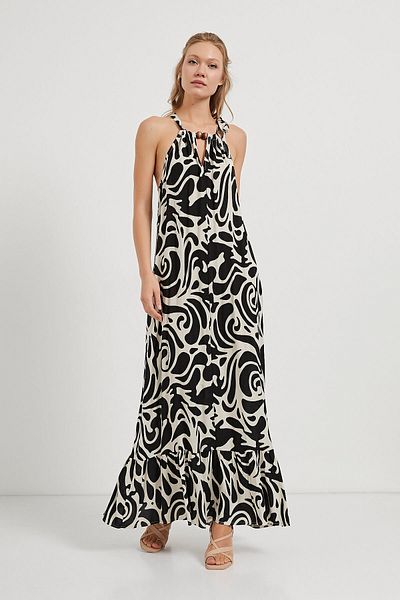 Arma Life Women's Halter Neck Summer Patterned Black Long Dress