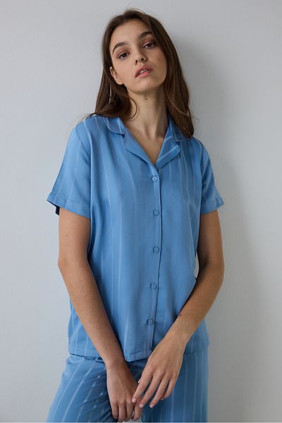 Penti Set de pijamale cu mâneci scurte cu guler de cămașă din satin Blue Luna