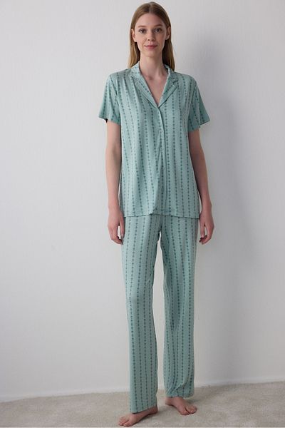 Penti Mint Green Lenna Striped Shirt Collar Pajama Set