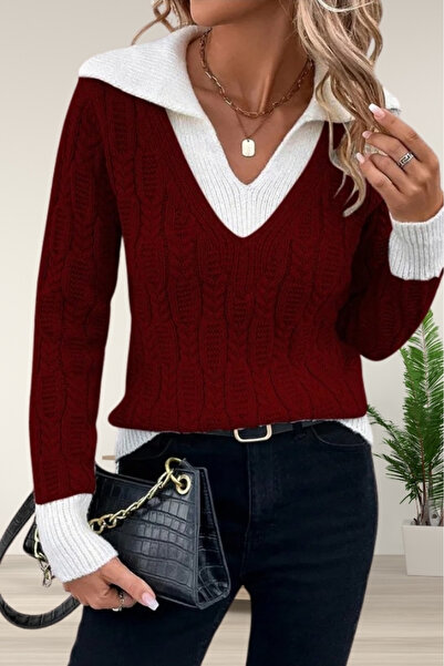 hanope Pulover de damă, cu decolteu în V, cu model de exersare, tricot de păr, roșu Claret