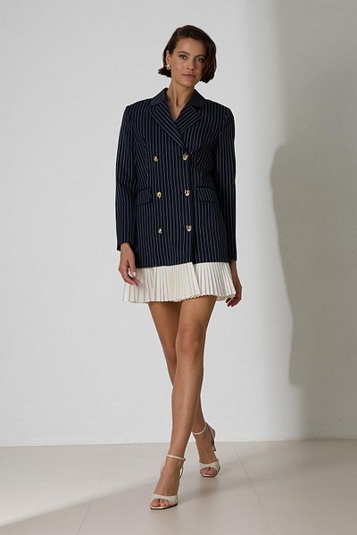 Setre Navy Blue Skirted Pleated Detailed Striped Jacket Dress