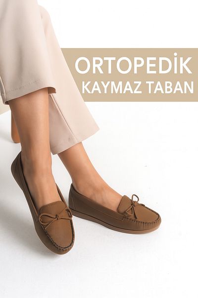 Ayakkabı Delisiyim Tan Brown Suede Women's Ballerinas – Orthopedic, Lightweight, Comfortable, Bow Accessory, Greenhouse, Casual Shoes