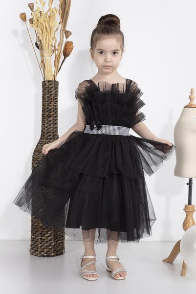 MİNİMONY 1-5 Yaş Wednesday Dress Black Swan Katlı Tül Detay Kız Bebek Çocuk Siyah Abiye Elbise 2020