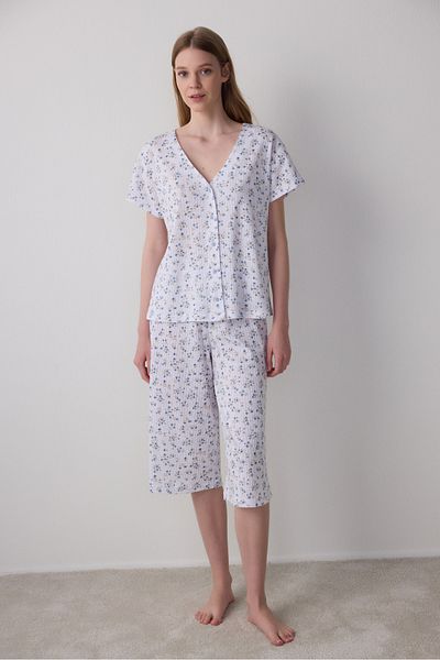 Penti Optical White Lilah Openwork Floral V-Neck Short Sleeve Capri Pajama Set