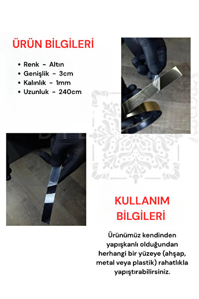 DİECOR Dekoratif 1 Adet Kendinden Yapışkanlı 3 Cm Gold & Ayna Pleksi - (1 X 240cm)