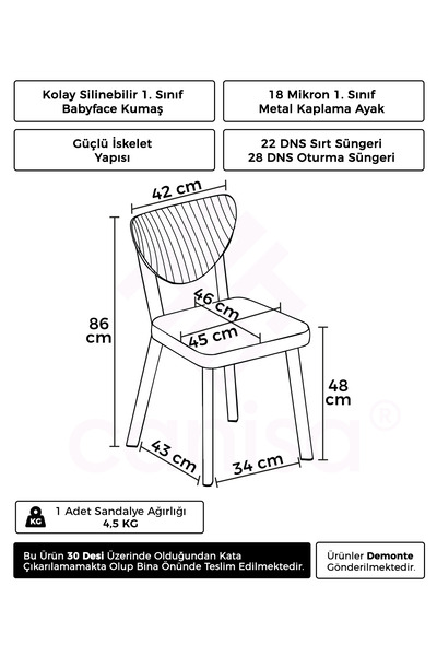 Canisa Arfe Serisi 2 Adet Krem Mutfak Sandalyesi Krom Kaplama Metal Ayak 1. Sınıf Babyface Kumaş