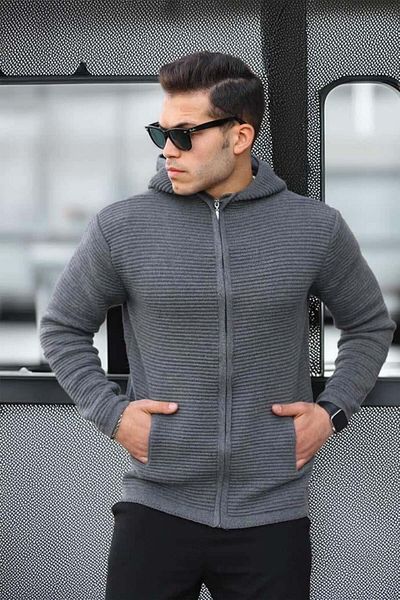 Valiberta Zippered Ladder Knit Hooded Sweater Cardigan/Jacket Smoked