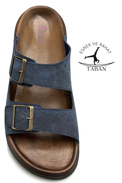 Moda Anna Double Buckle Adjustable Width Flexible Comfortable Leather Men's Slippers 25103 Navy Blue