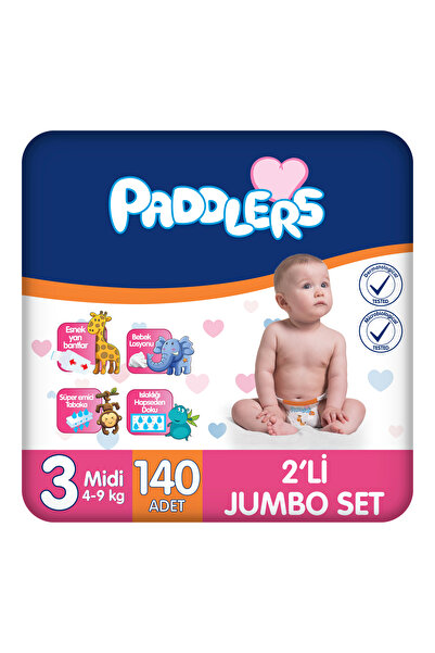 Paddlers Bebek bezi 3 Numara Midi 140 Adet (4-9 Kg) 2'li Jumbo Set