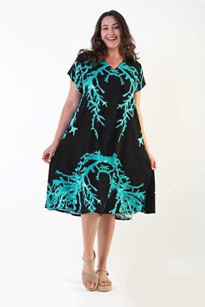 LİKAPA Likapa Summer Large Size Viscose V-Neck Short Sleeve Dress 2688