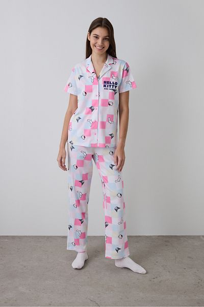 Penti Optical White Hello Kitty Plaid Shirt Collar Short Sleeve Pajamas Set