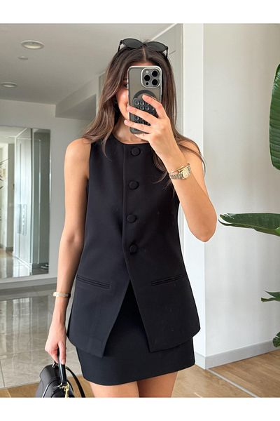 My Blog Set vestă neagră de in și fustă mini