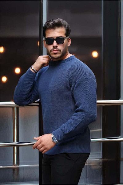 Valiberta Oversize Thessaloniki Knitted Crew Neck Men's Sweater - Indigo