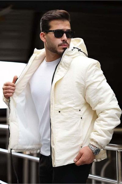 Valiberta Ecru Lightweight Puffer Jacket - Oversize Hooded and Pocket Detailed