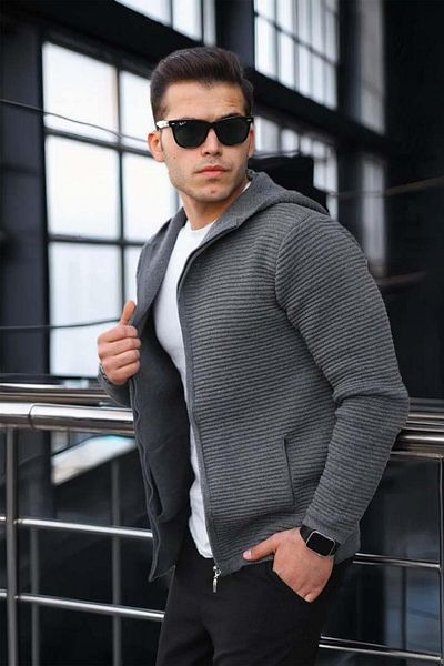 Valiberta Zippered Ladder Knit Hooded Sweater Cardigan/Jacket Smoked