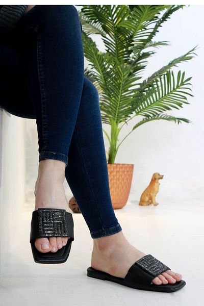 Moda Anna Square Stone Buckle Summer Women's Slippers Flat Bottom Slippers Black