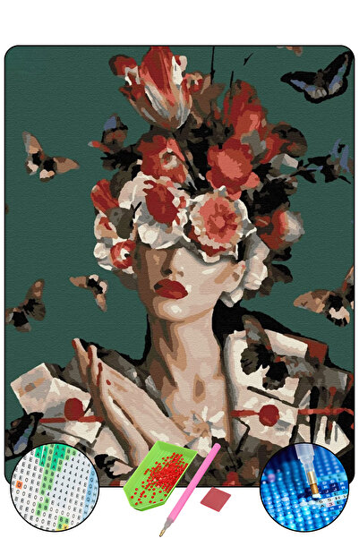 HONDEP 5D Elmas Boyama Seti – Çiçek Taçlı Kadın ve Kelebekler | 40x50cm - Tuv...