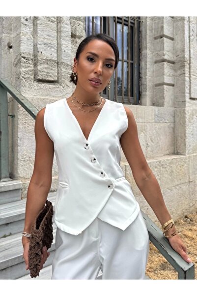 EDA COLLECTION Women's Zero Sleeve Cross V-Neck Front Buttoned Atlas Vest and Trousers Double Set