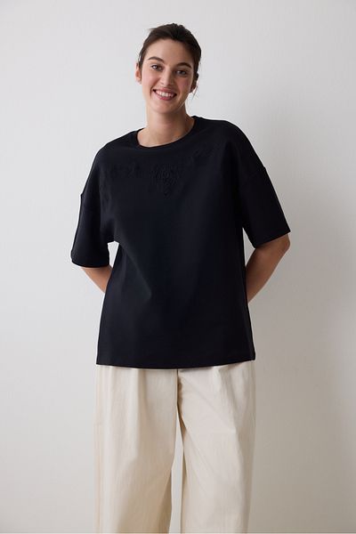 Penti Embroidery Detailed Oversize Black T-Shirt