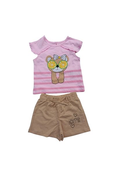 Çikoby Pink Printed Girls' Set - T-Shirt and Beige Shorts