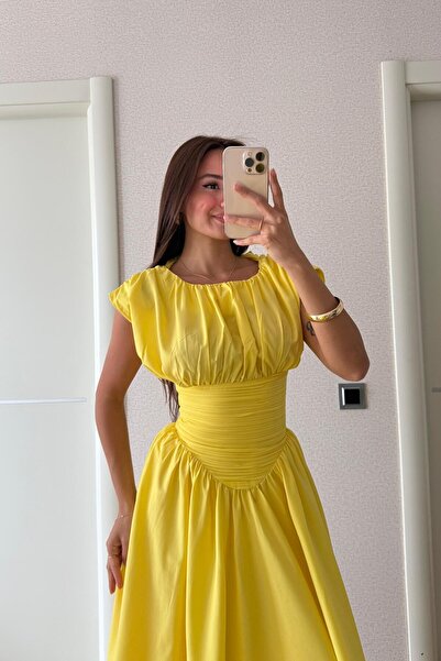 FMN Collection drapeli geniş çan etek beli büzgü tasarım kısa kollu bele oturan pinterest şık muadil midi elbise