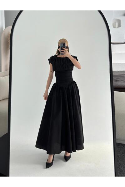 FMN Collection drapeli geniş çan etek beli büzgü tasarım kısa kollu bele oturan pinterest şık muadil midi elbise