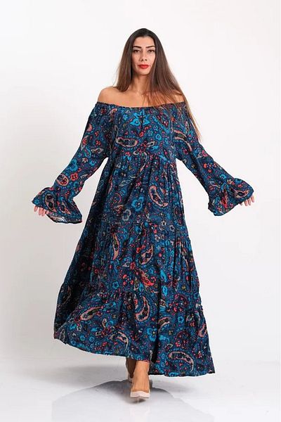 Hazinedan Rochie lungă etnică de damă cu model Madonna guler casual autentic