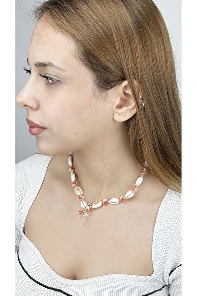 Neon Takı by Atalay Sensitivity Tag and Mussel Shell, Orange Stone, Summer Necklace 394, Gold Color