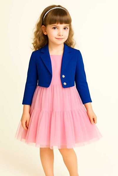 elfanto kıds kız coçuk takım 3 parca-abıye elbıse- gabardın ceket- tac