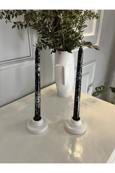 Verda Desing 🥇Dekoratif Siyah Mermer Desenli Metalik Gümüş Şamdan Mumu 3 lü set