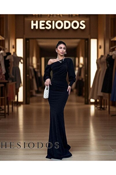 HESİODOS فستان سهرة أسود لامع بكتف واحد