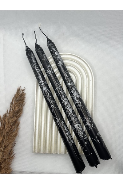 Verda Desing Dekoratif Siyah Mermer Desenli Metalik Gümüş Şamdan Mumu 3 lü set