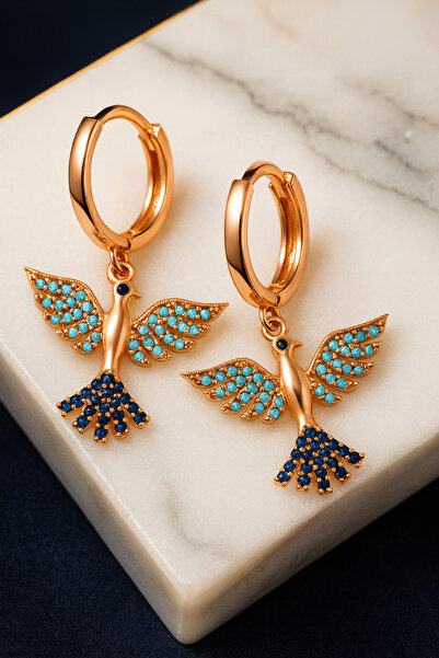 KAR DİAMOND 925 Ayar Gümüş Rose Kaplama Firuze Mavi Taşlı Anka Kuşu Küpe - Sertifikalı