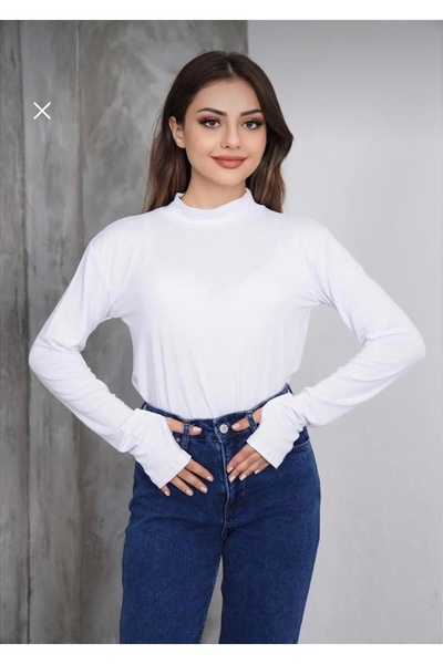 Sashaa Collection Women's White Finger Detailed Half Turtleneck Viscose Body