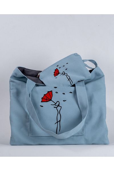 Wings Of Simurg Detaliu de broderie colorată mentă - Geantă tote din pânză cu fermoar și portofel Butikmutik