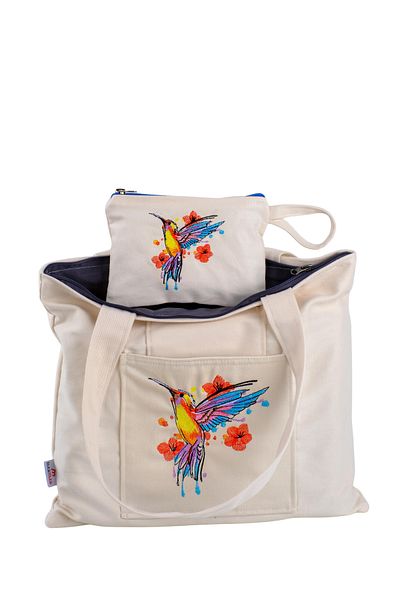 Wings Of Simurg Geantă și portofel din pânză Boutique-krem brodate Bee Bird - Fermoar